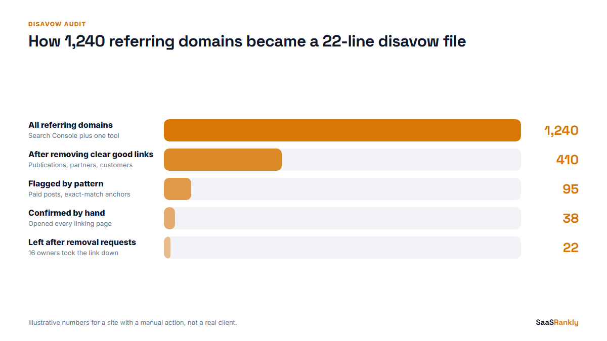 Funnel showing a disavow audit shrinking 1,240 referring domains to 22 disavowed domains