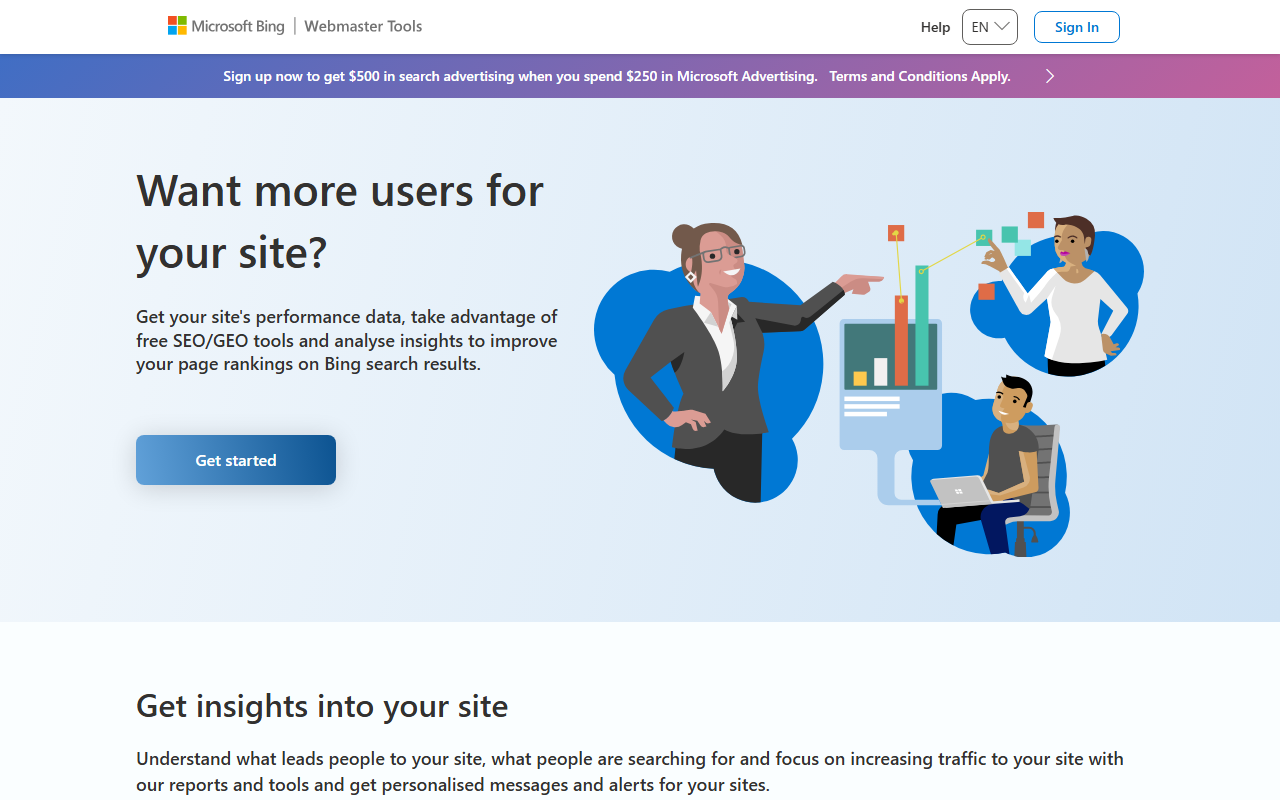 Bing Webmaster Tools landing page, a free source of search performance and position data