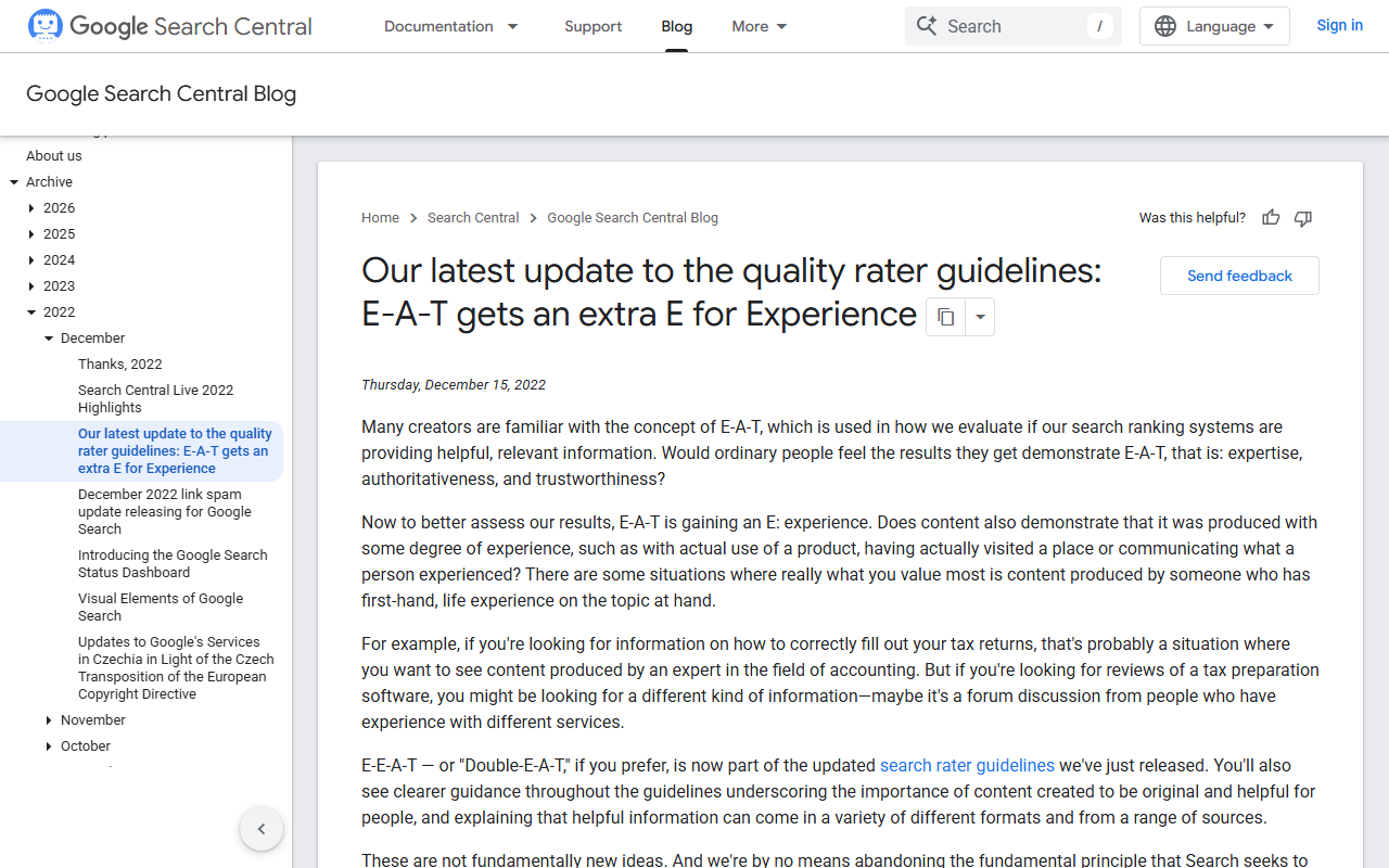 Google Search Central blog post announcing the extra E for experience in the quality rater guidelines
