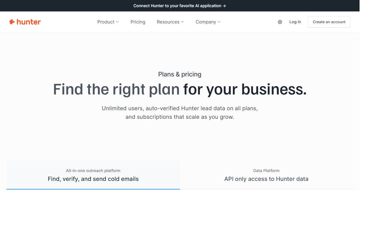 Pricing page of an email finding tool used for link building outreach