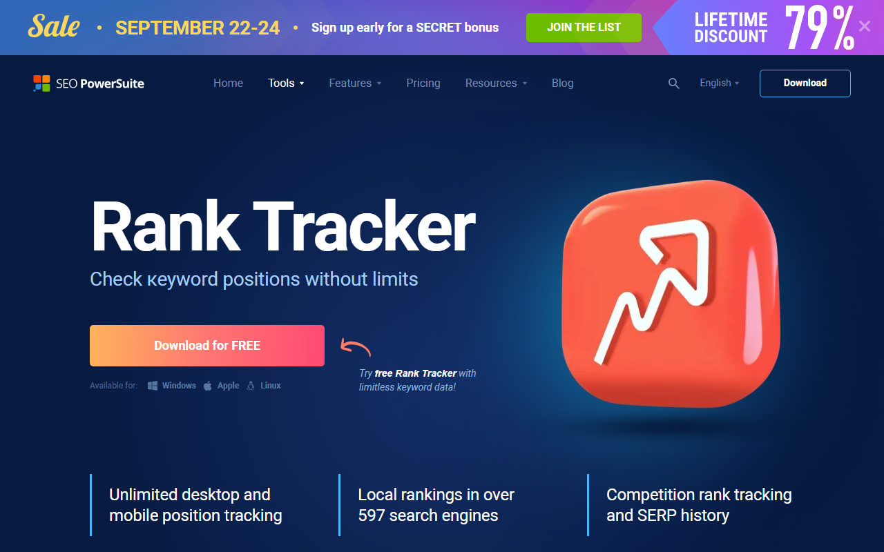 SEO PowerSuite Rank Tracker product page, a desktop serp rank tracker with a free edition