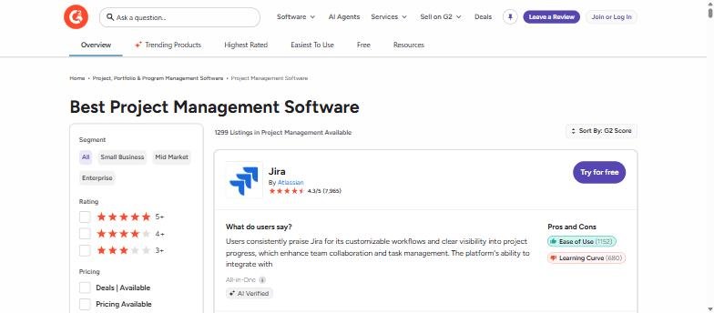 G2 category page for project management software listing Jira and other tools