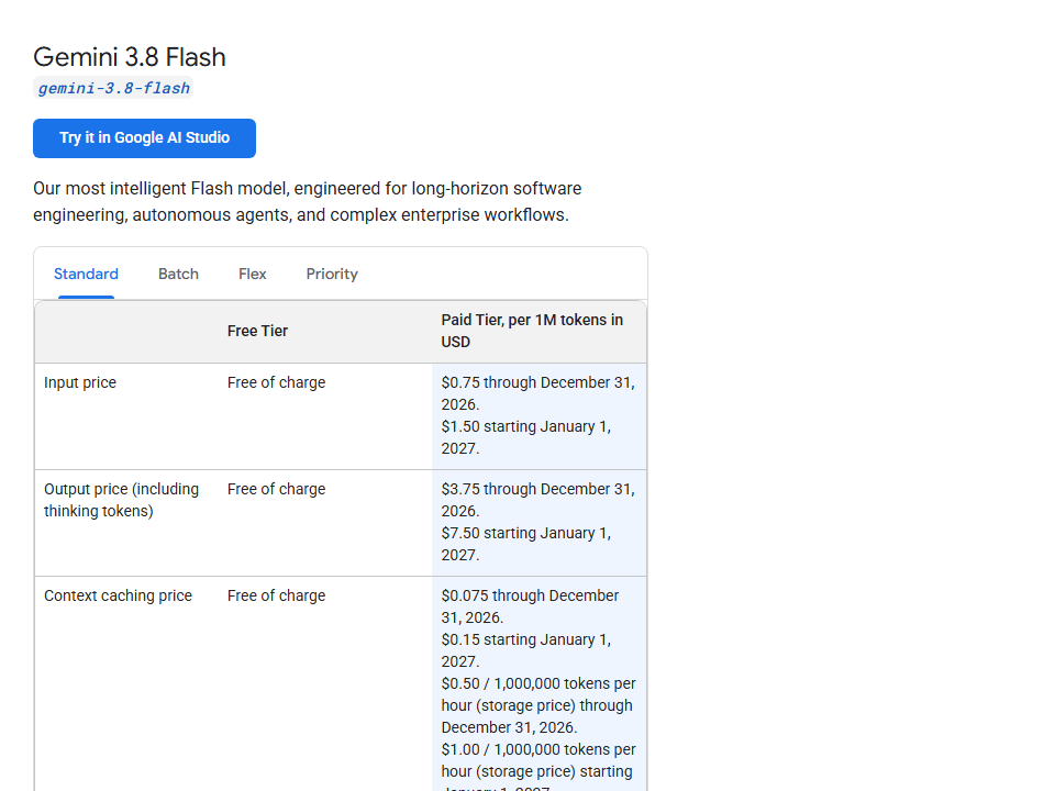 Gemini 3.8 Flash API pricing table on the Gemini Developer API pricing page