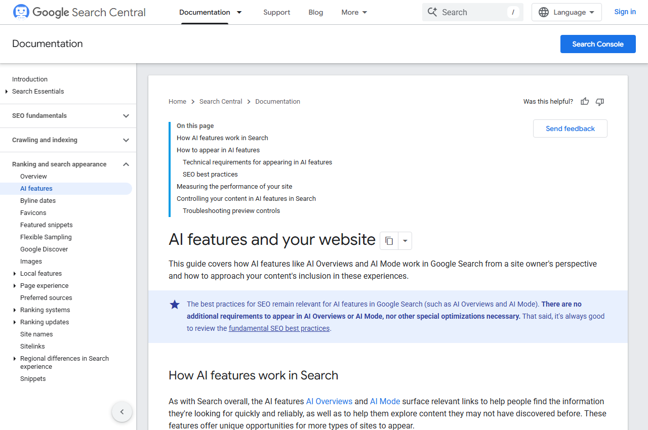 Google Search Central documentation AI features and your website explaining AI Overviews and AI Mode