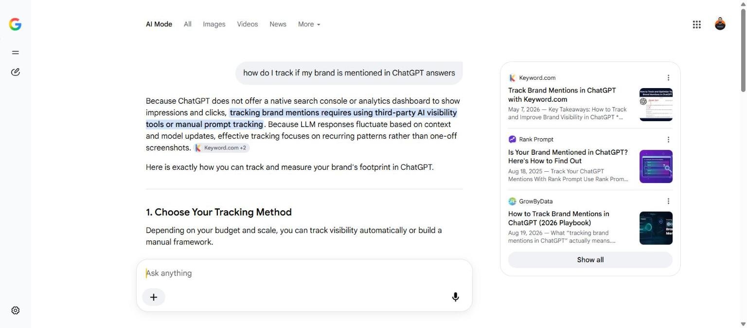 Ai visibility tool: Google AI Mode answer with inline citations and a sources panel listing three cited pages