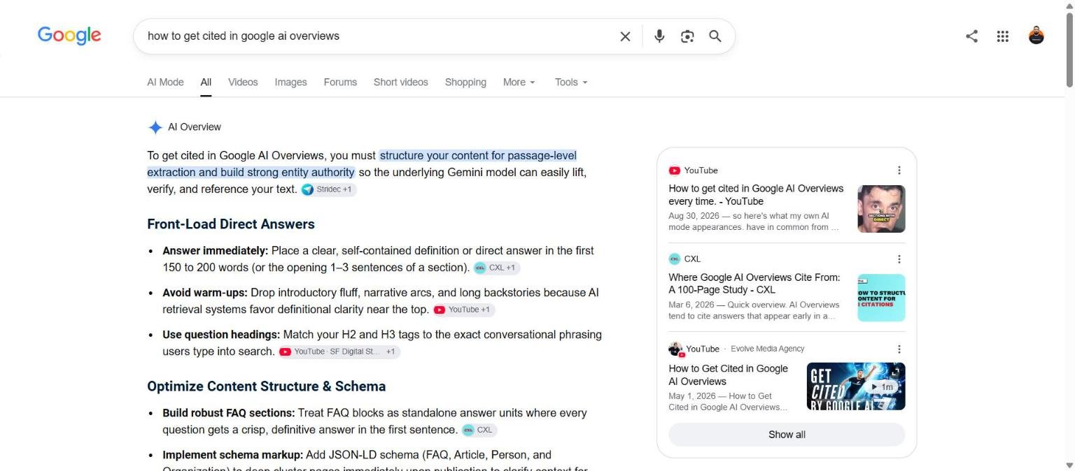 Ai overviews visibility: Google AI Overview for the query how to get cited in google ai overviews, with cited sources shown inline and in a right-hand panel