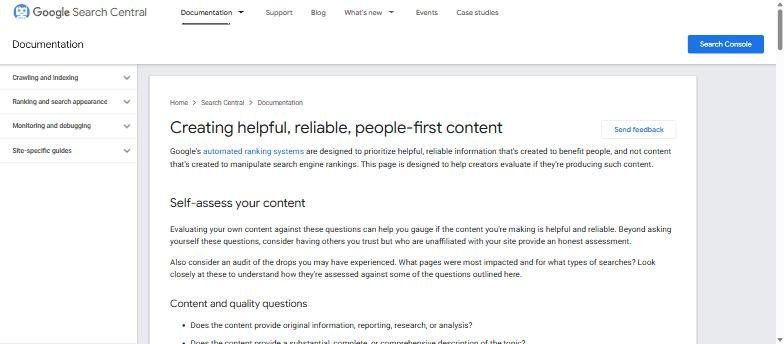 Google Search Central documentation page on creating helpful, reliable, people-first content
