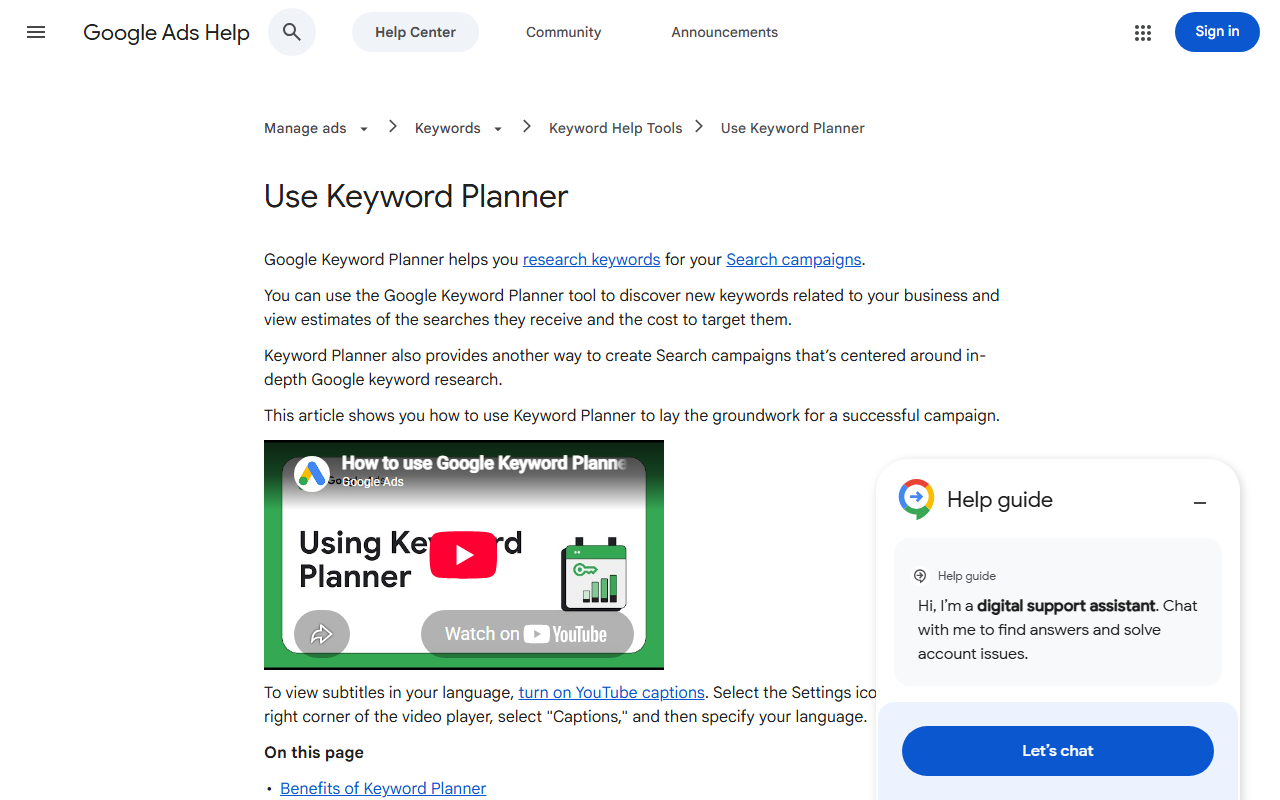 Google Ads help page for Keyword Planner, one of the free keyword research tools