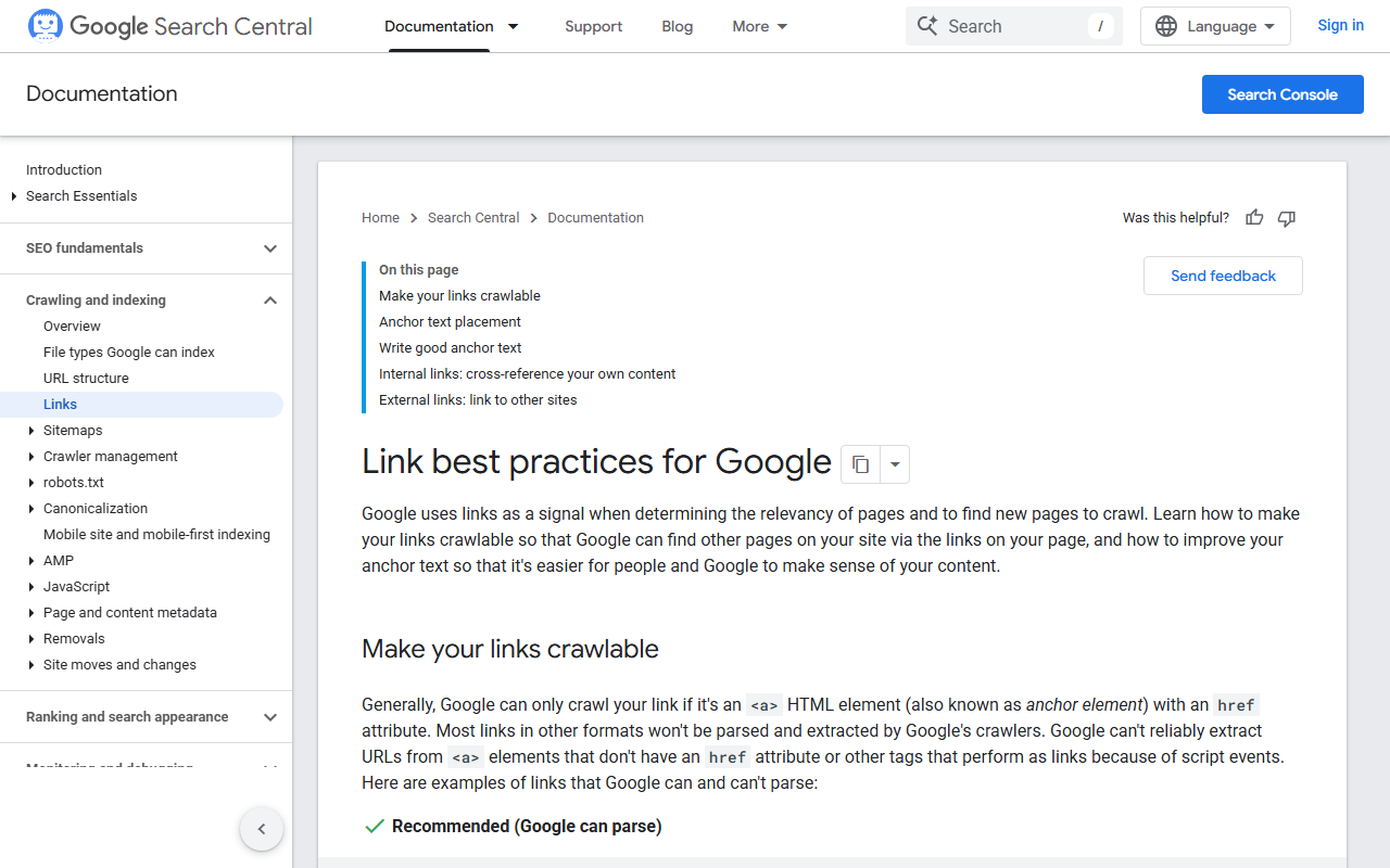 Google Search Central link best practices page explaining why backlinks are important in SEO for discovery and relevance