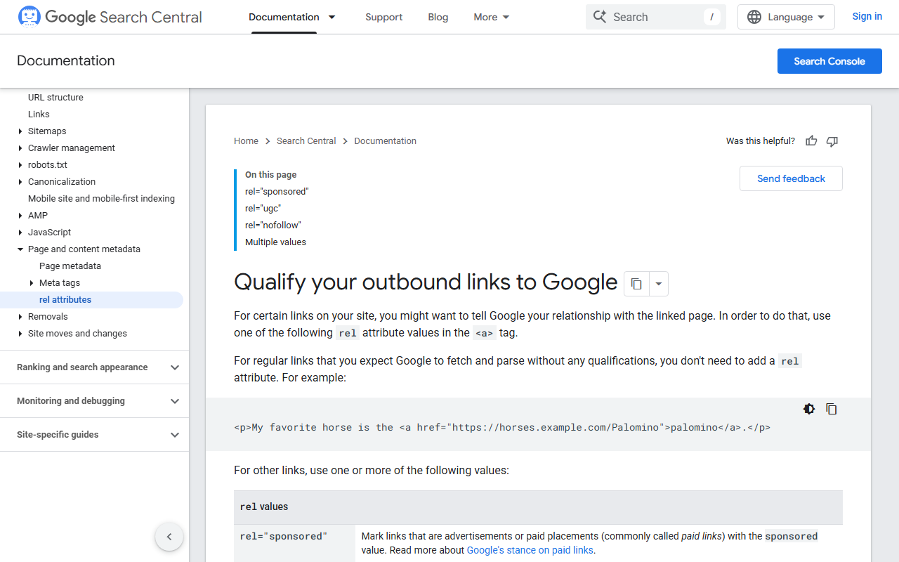 Google Search Central page Qualify your outbound links, showing rel sponsored for paid links in off-page SEO