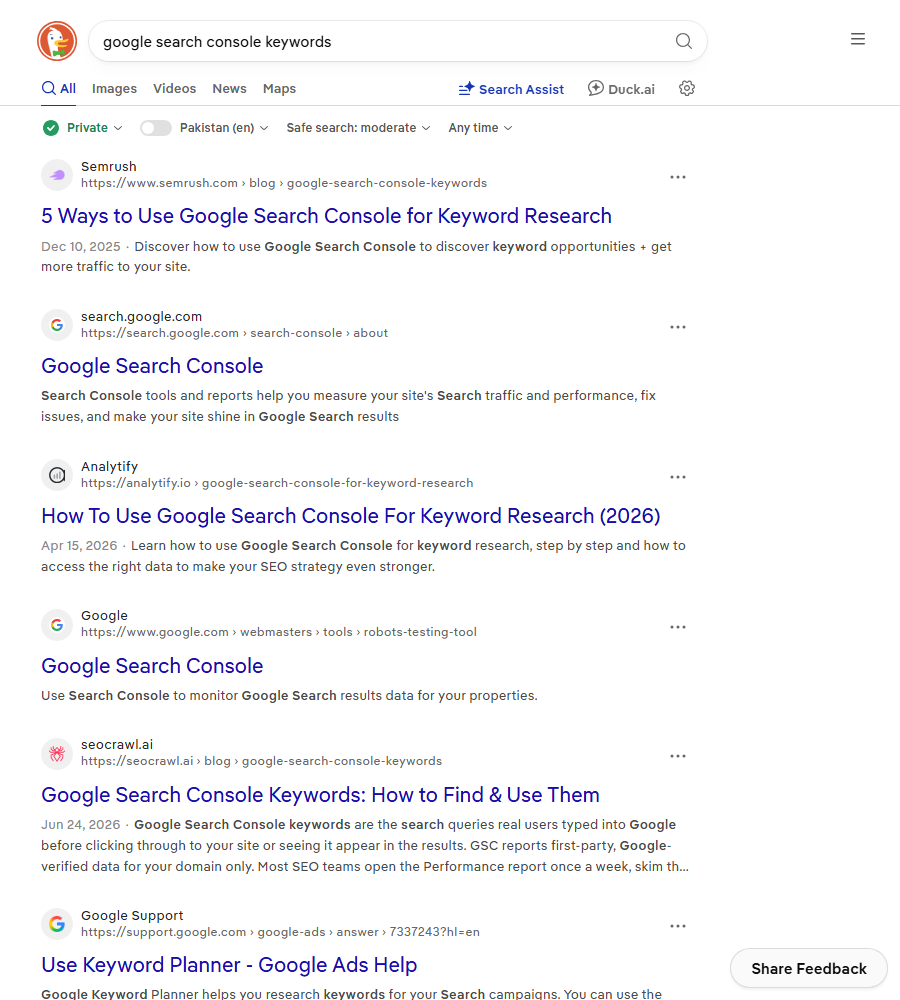 DuckDuckGo results for google search console keywords showing Semrush, Analytify and seocrawl guides