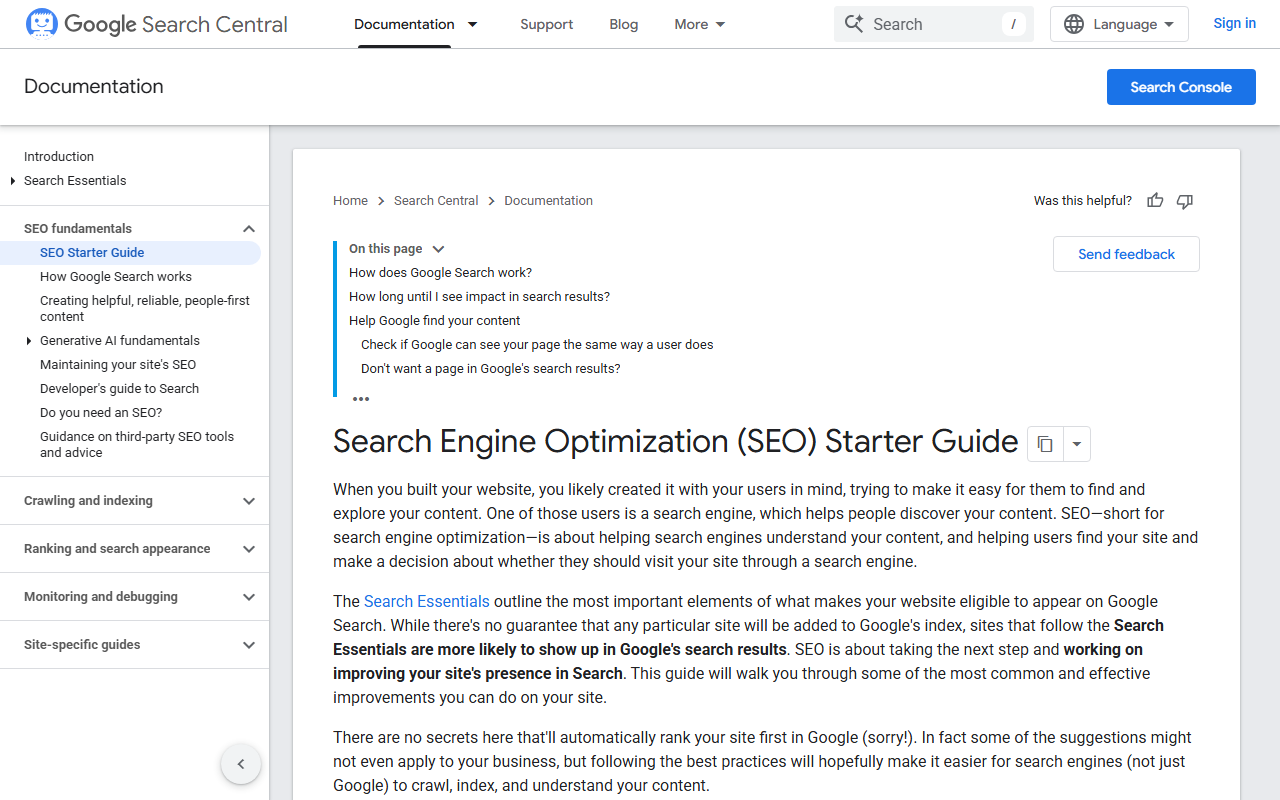 Google SEO Starter Guide covering SEO essentials