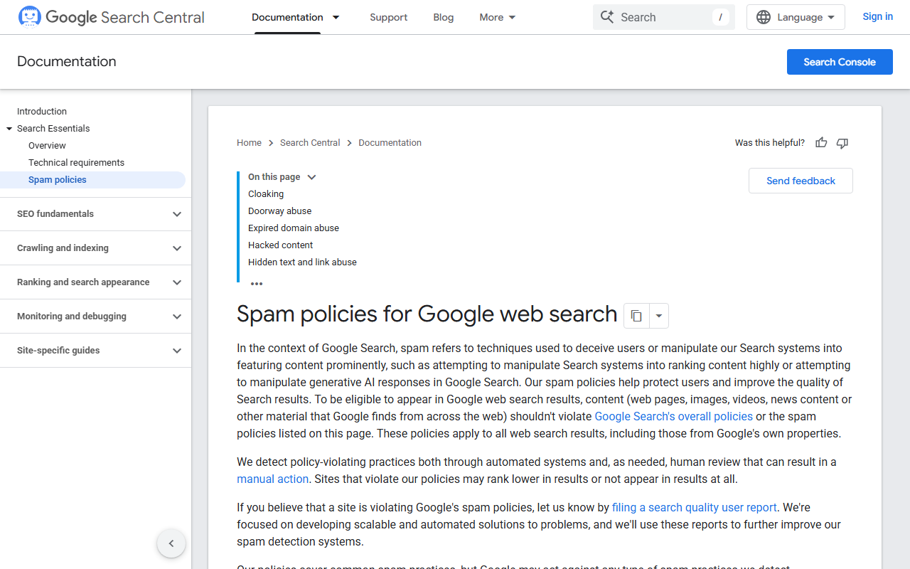 Google spam policies page covering link spam