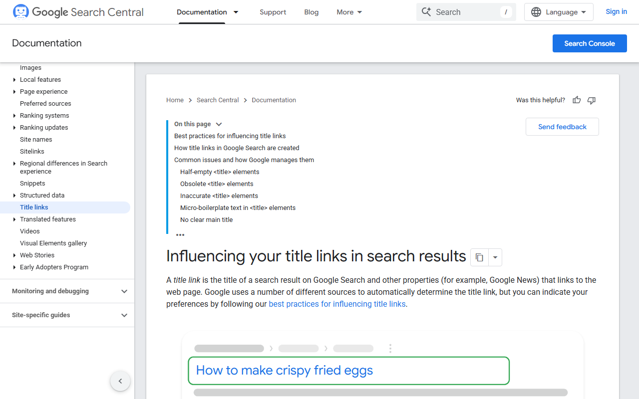 Google Search Central documentation on influencing title links, listing half-empty, obsolete and boilerplate title elements