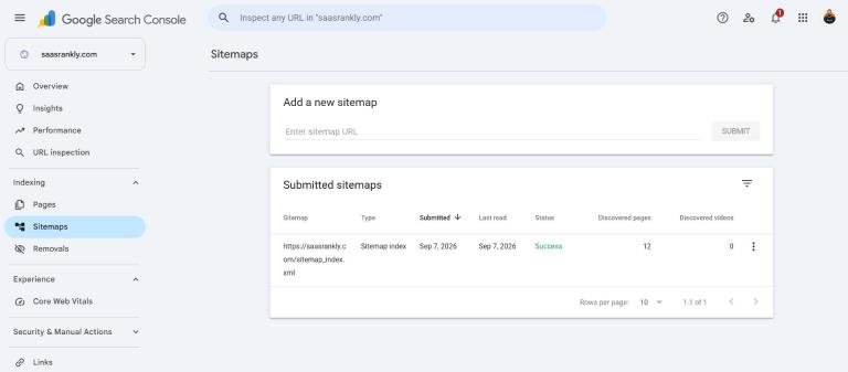 Search Console sitemaps page for saasrankly.com showing a sitemap index with status Success and 12 discovered pages