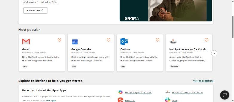 HubSpot app marketplace listing popular apps like Gmail, Google Calendar and Outlook with install counts