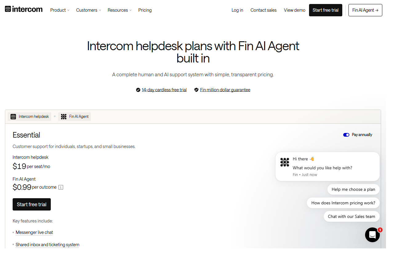 Intercom Fin AI Agent pricing page