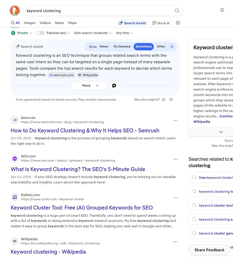 DuckDuckGo results for keyword clustering with an AI summary explaining grouping by search intent