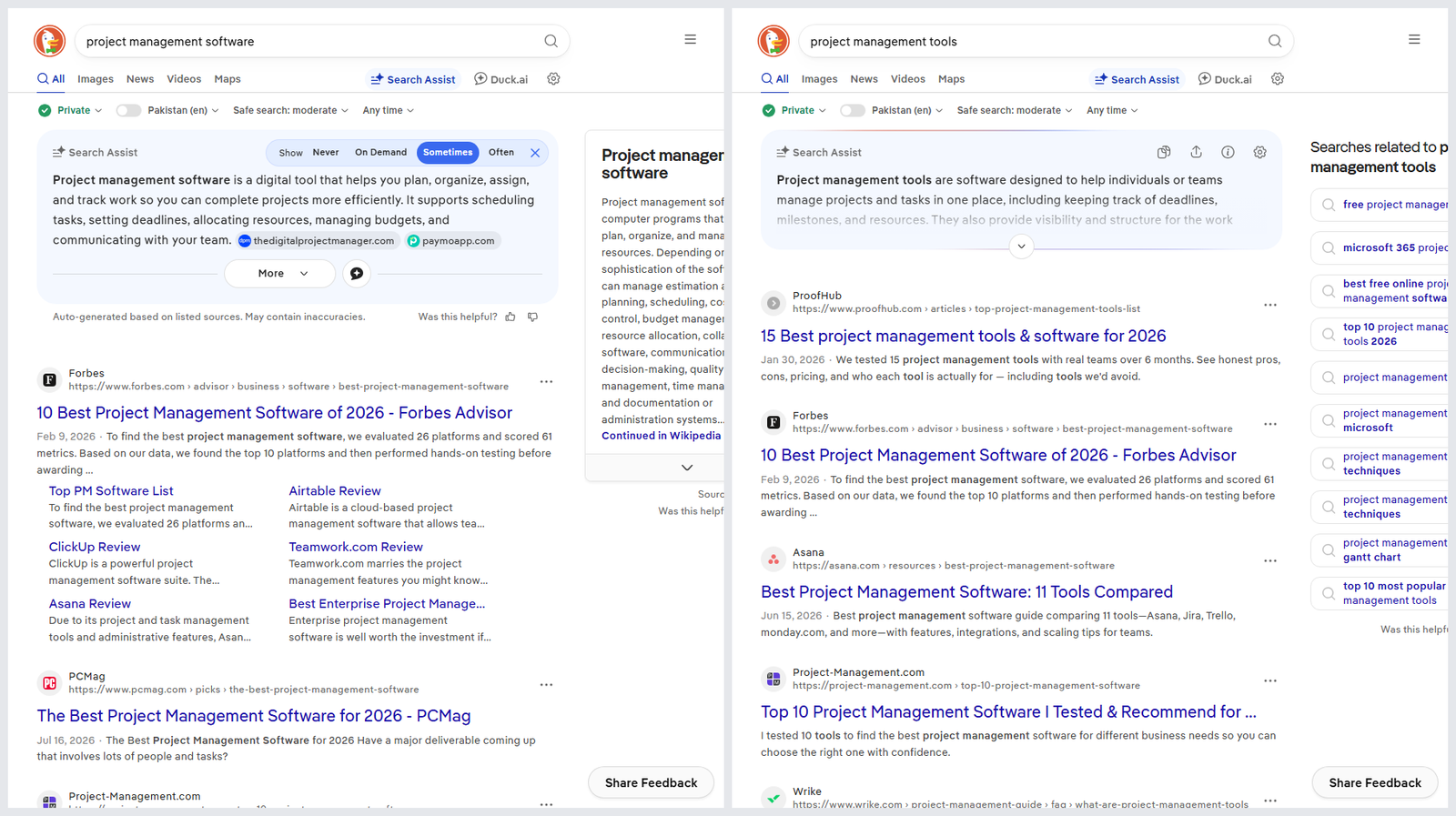 Side-by-side search results for project management software and project management tools showing shared URLs for keyword clustering