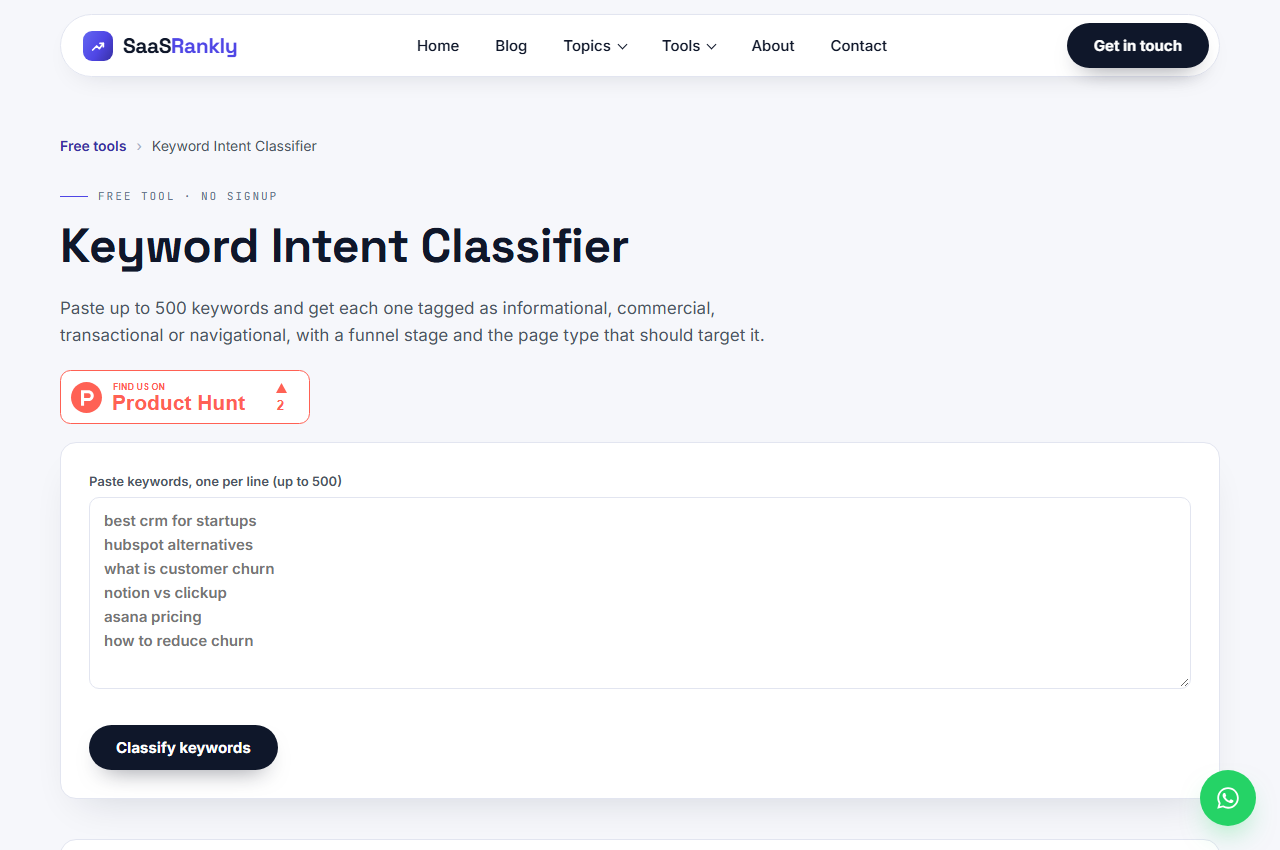 SaaS Rankly keyword intent classifier used to tag Google Search Console keywords by intent