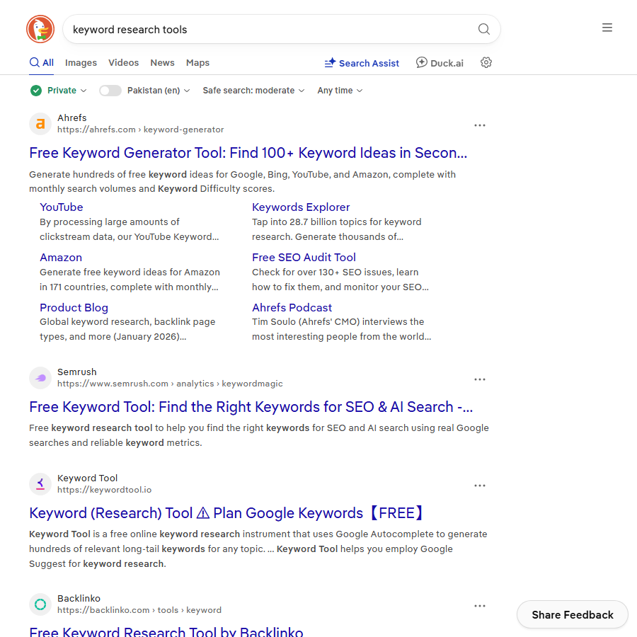 DuckDuckGo results for keyword research tools showing Ahrefs, Semrush and keywordtool.io