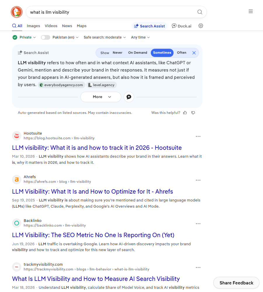 DuckDuckGo results for what is llm visibility with an AI answer and guides from Hootsuite, Ahrefs and Backlinko
