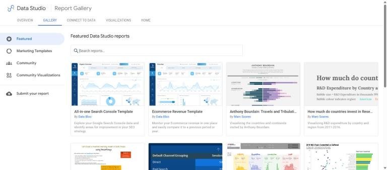 Saas seo reporting: Looker Studio report gallery showing featured templates including an all-in-one Search Console template