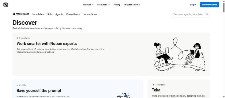 Notion marketplace page with templates, skills, agents and consultants sections