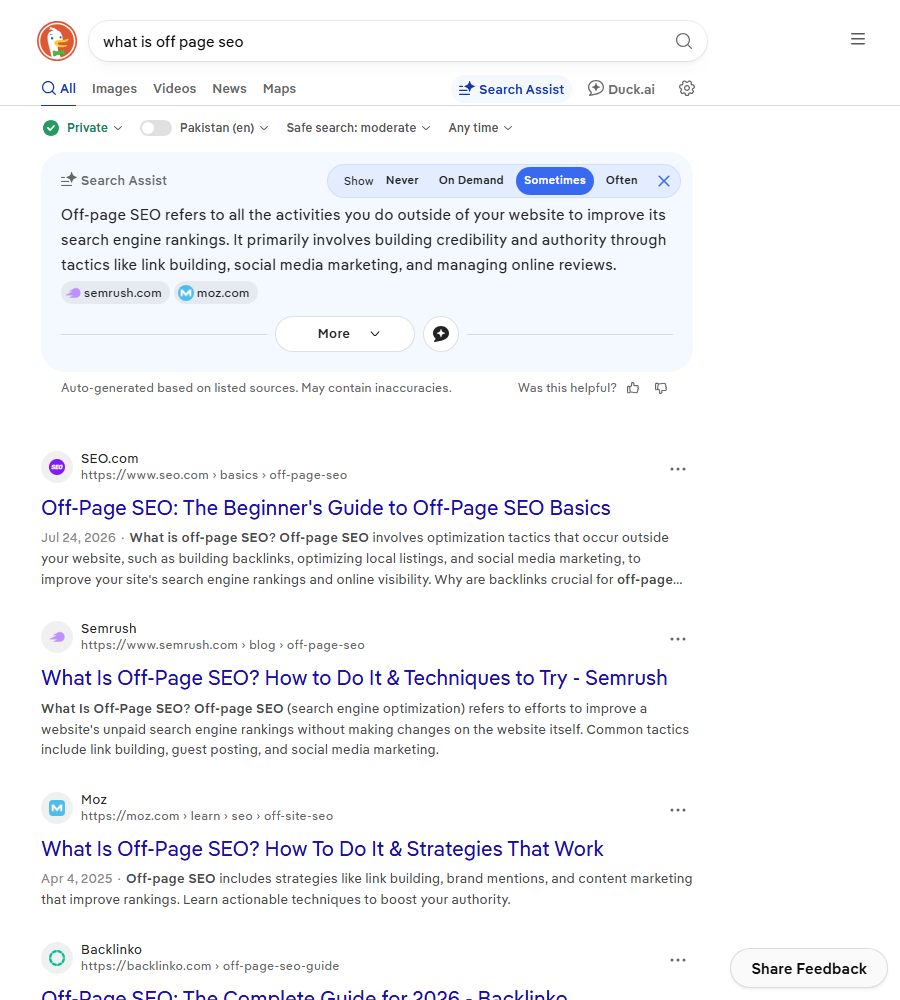 DuckDuckGo results for what is off page seo with an AI summary citing Semrush and Moz