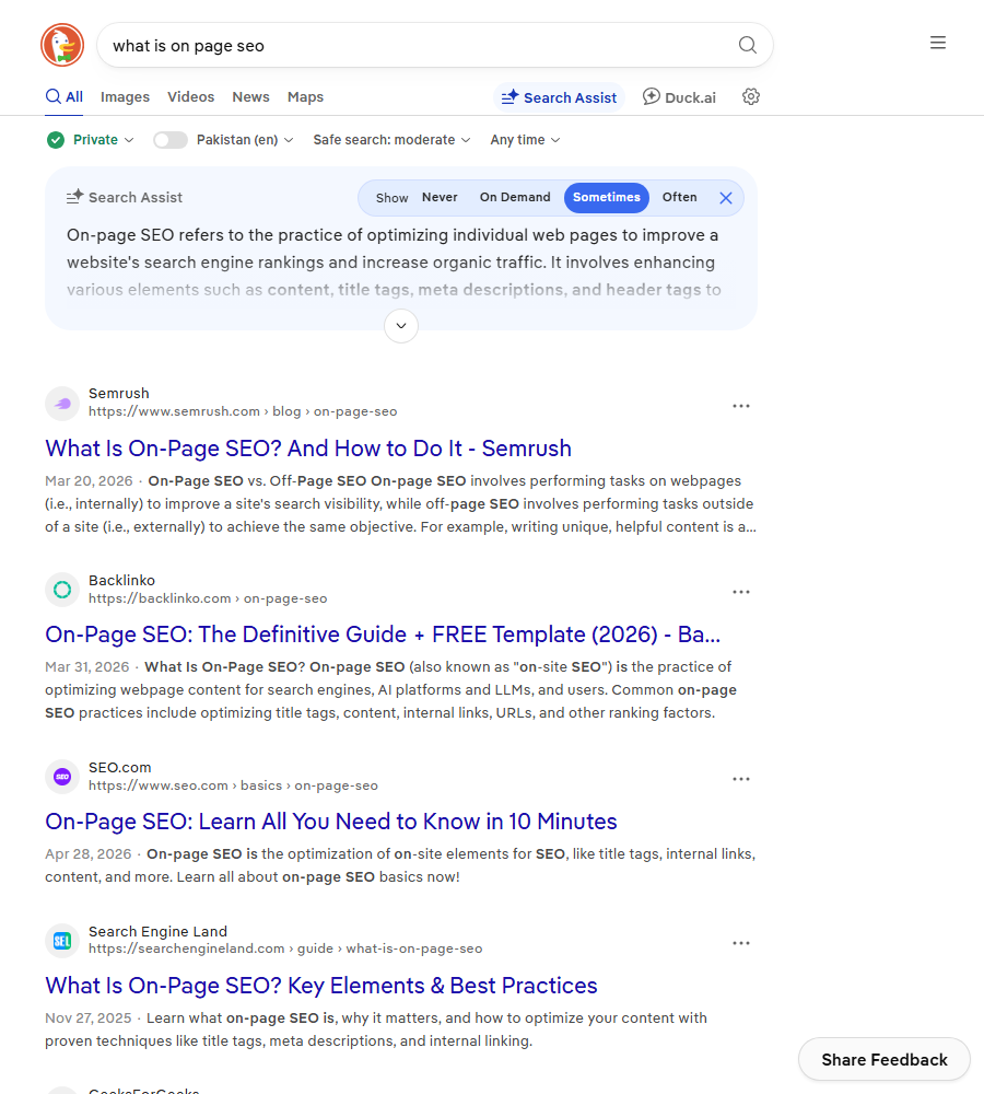 DuckDuckGo results for what is on page seo with an AI summary and guides from Semrush, Backlinko and SEO.com