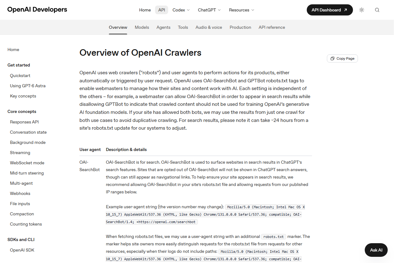 OpenAI developer documentation overview of OpenAI crawlers OAI-SearchBot and GPTBot for llm visibility
