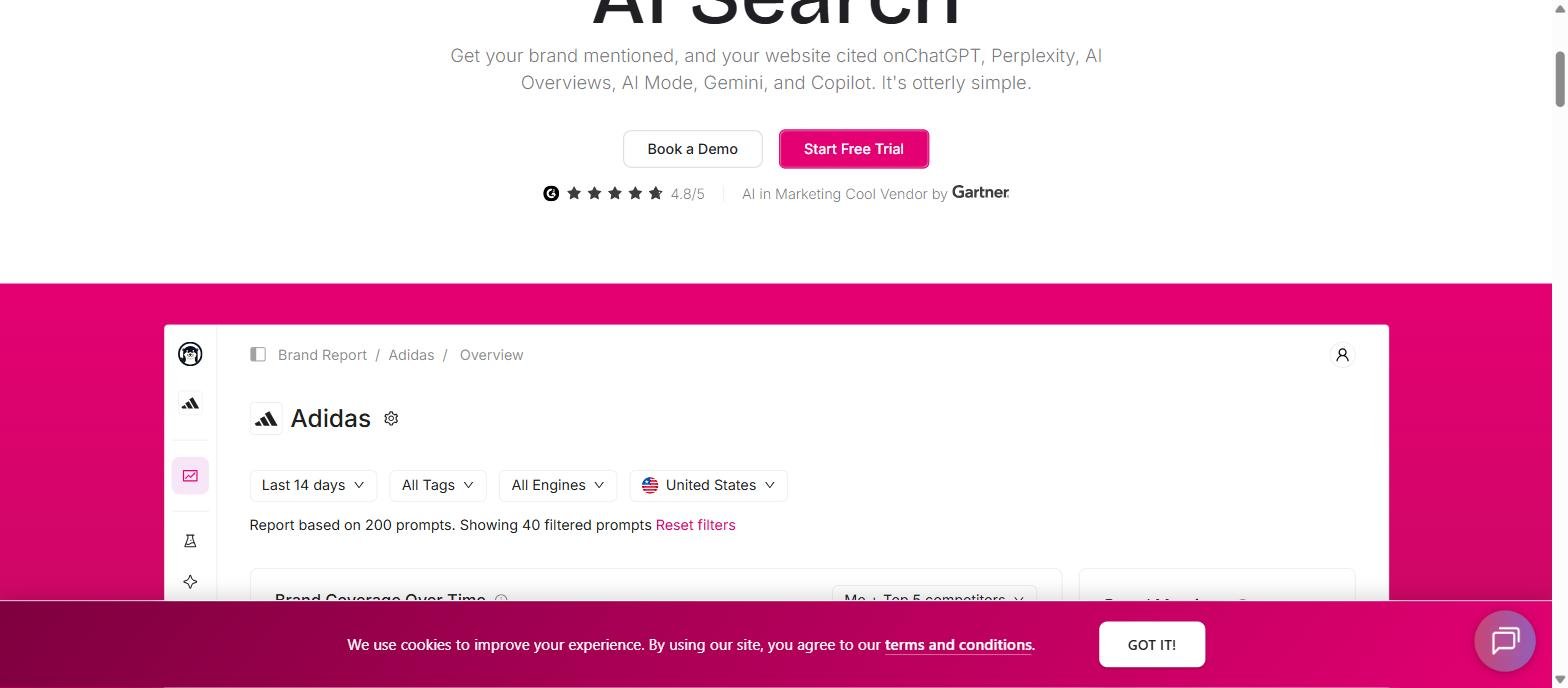 Otterly.ai brand report for a tracked brand with engine, country and date filters and a brand coverage over time chart