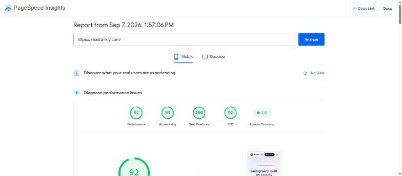 PageSpeed Insights mobile report for saasrankly.com showing scores of 92, 93, 100 and 92