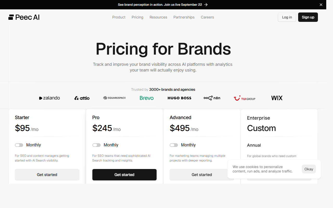 Peec AI pricing page showing Starter, Pro and Advanced plans