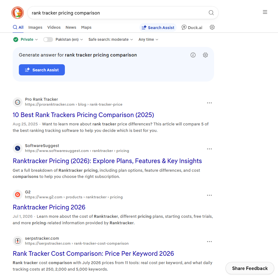 Search results comparing rank tracker pricing