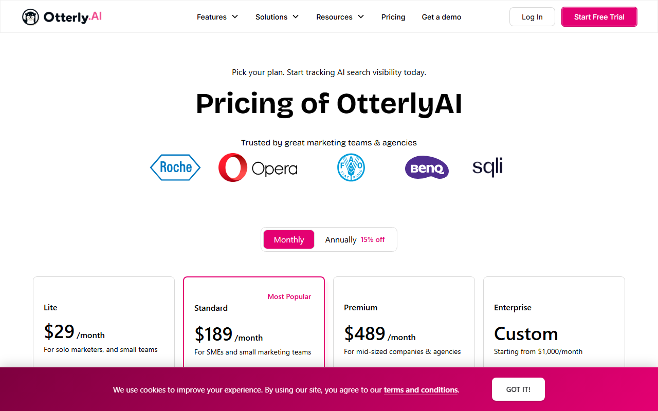 Otterly.ai pricing page for AI search monitoring