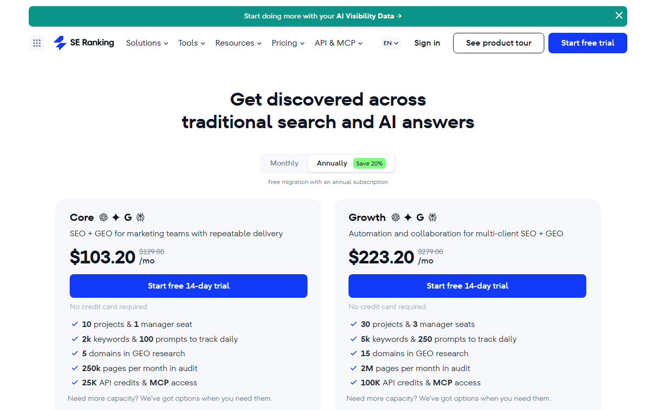 SE Ranking pricing page with plan tiers