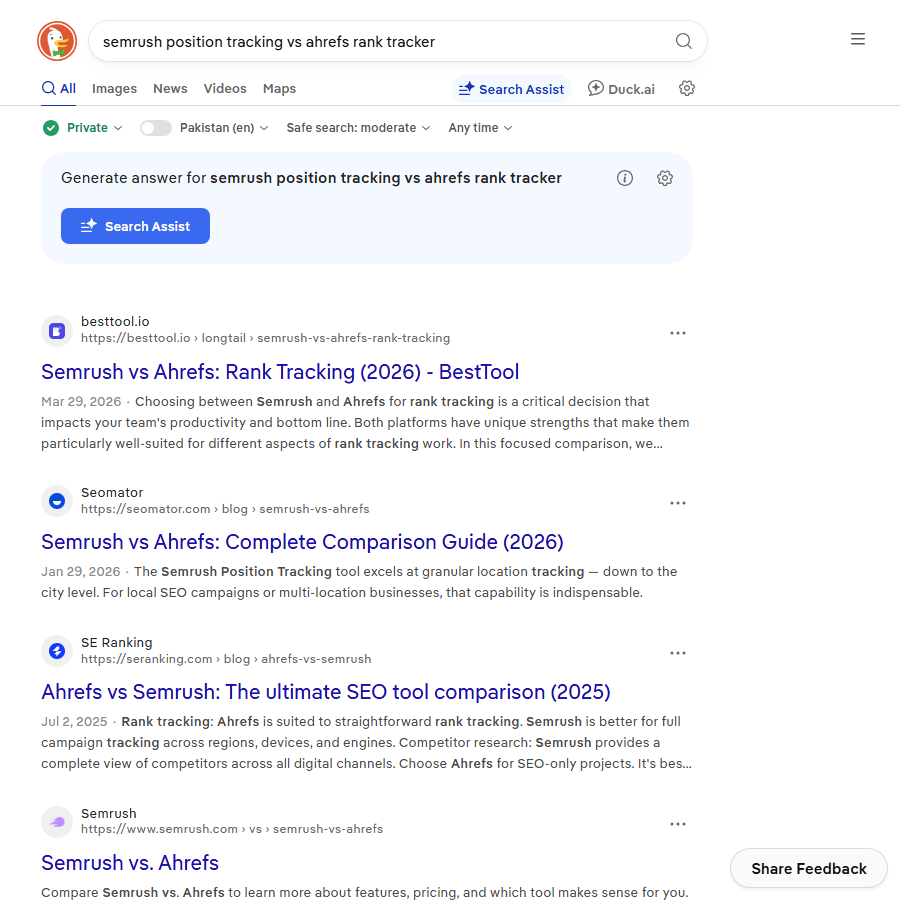 Search results comparing Semrush Position Tracking with the Ahrefs rank tracker