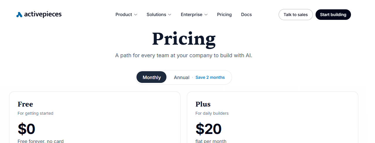 Activepieces pricing page with Free and Plus plans