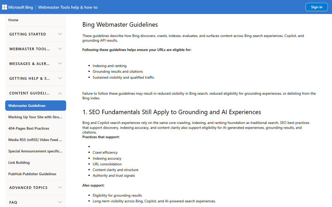 Bing Webmaster Guidelines page covering Copilot and AI grounding