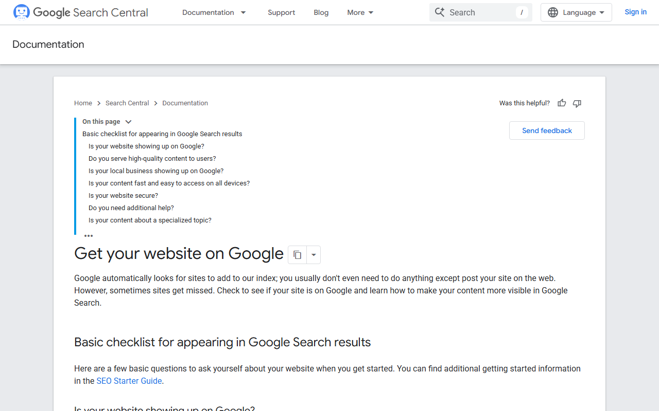 Google Search Central page: Get your website on Google