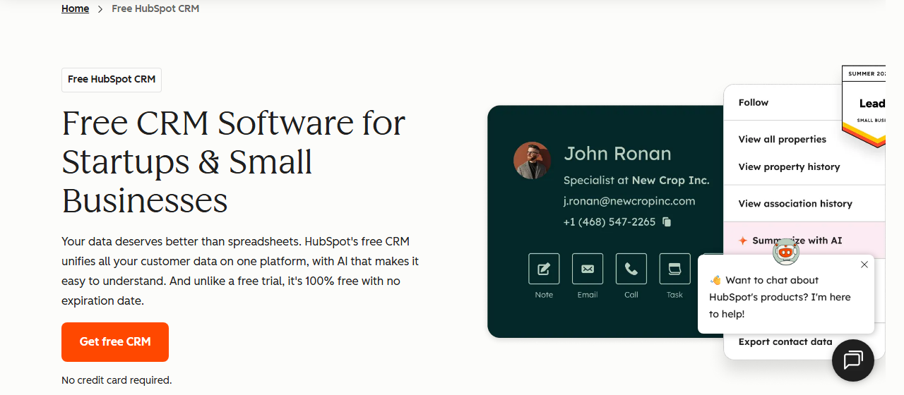 HubSpot free CRM product page with query-matched H1