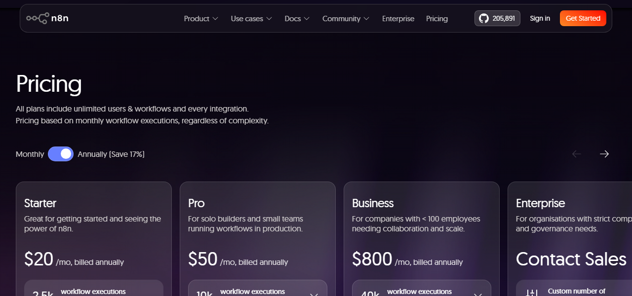 n8n pricing page showing Starter, Pro and Business plans