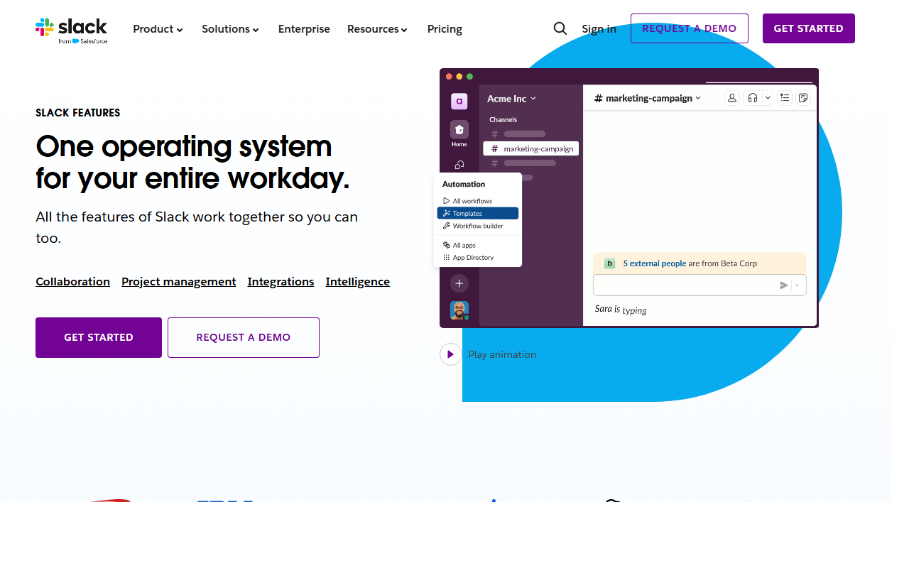 Slack features hub page linking to individual feature pages