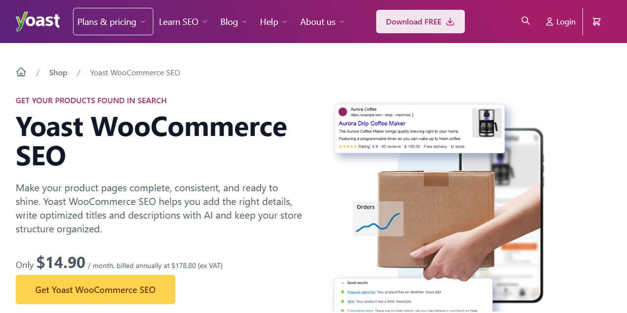 Yoast WooCommerce SEO add-on page showing the annual price