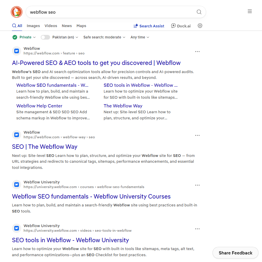 Search results for webflow seo showing agency pages and platform documentation