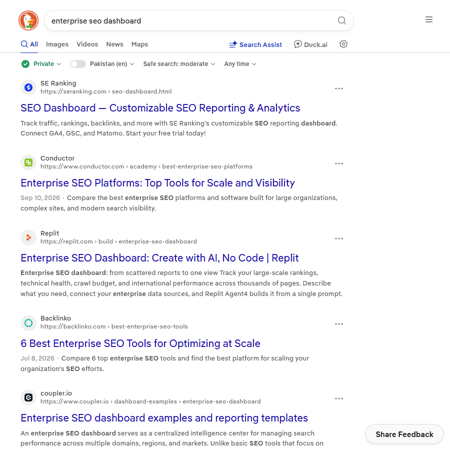 Search results for enterprise SEO dashboard showing vendor and template pages