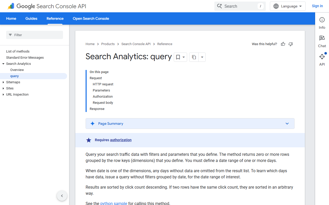 Google Search Console API query reference used to feed an enterprise SEO dashboard