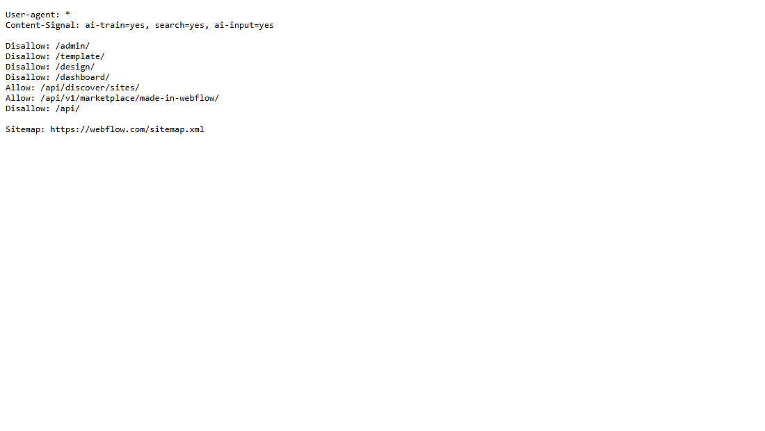 A live Webflow site robots.txt file, the first check in any Webflow SEO audit