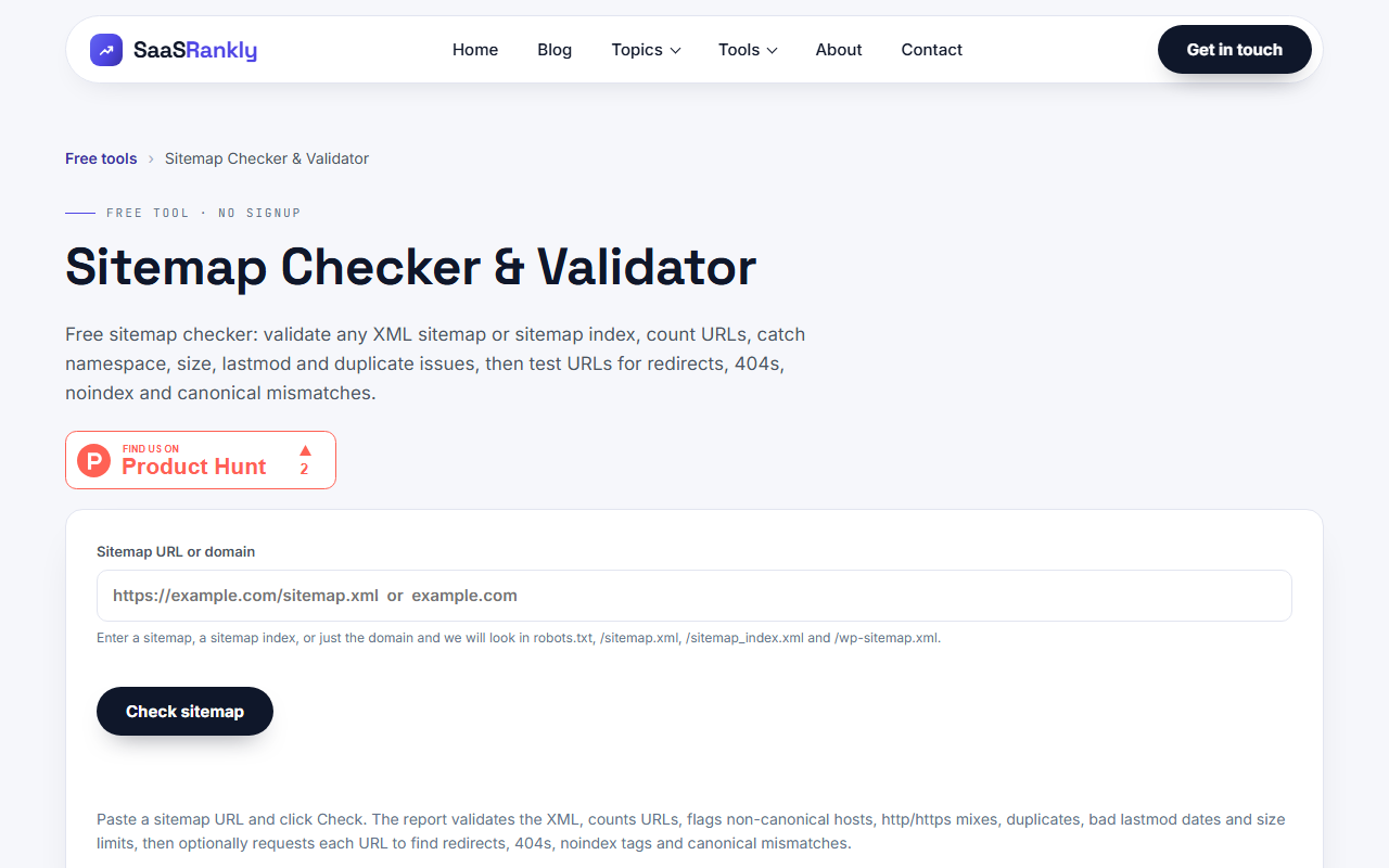 Sitemap checker tool used to audit a Webflow SEO setup